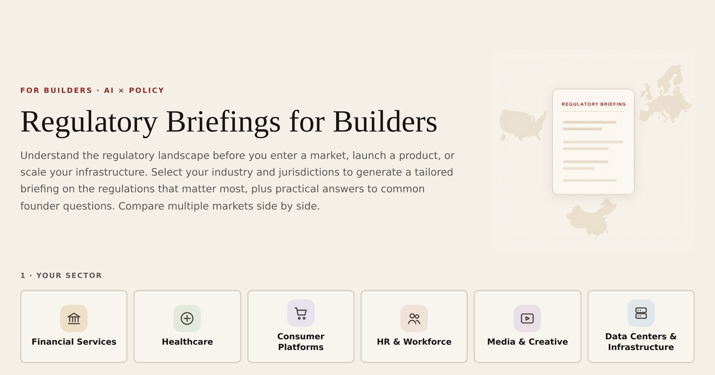 Interactive selector for compliance briefings by sector and jurisdiction