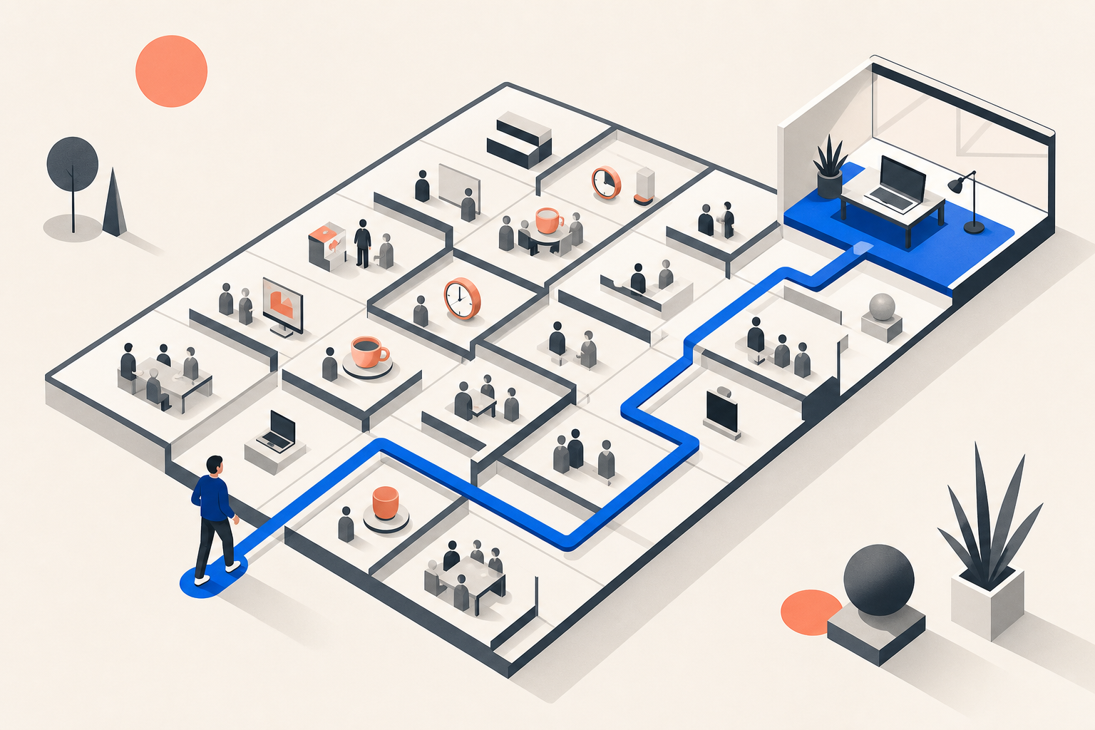 Isometric illustration of a founder navigating a maze of meetings toward a focused workspace
