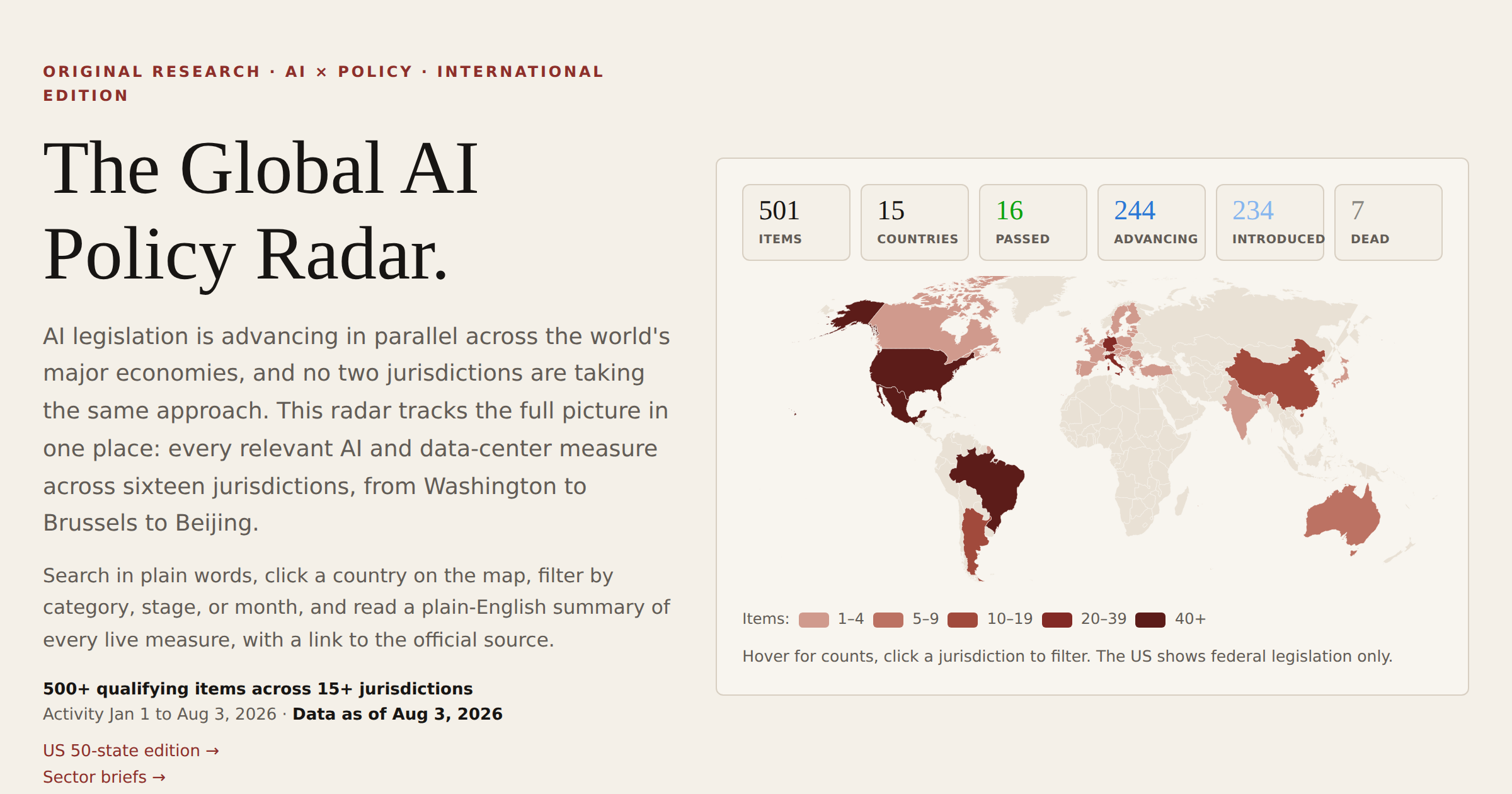 World map showing AI lawmaking and policy activity across twenty-five jurisdictions