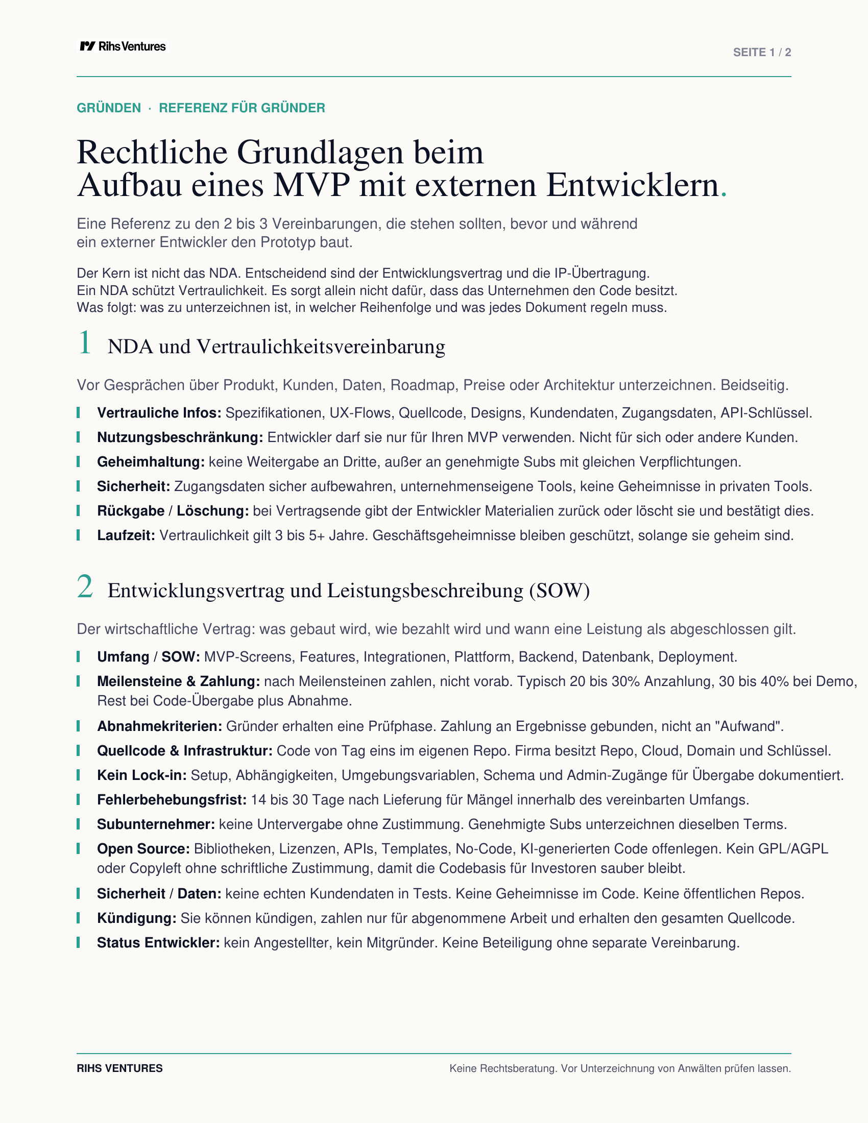 Vorschau der Rihs Ventures Referenz zu rechtlichen Grundlagen eines MVP