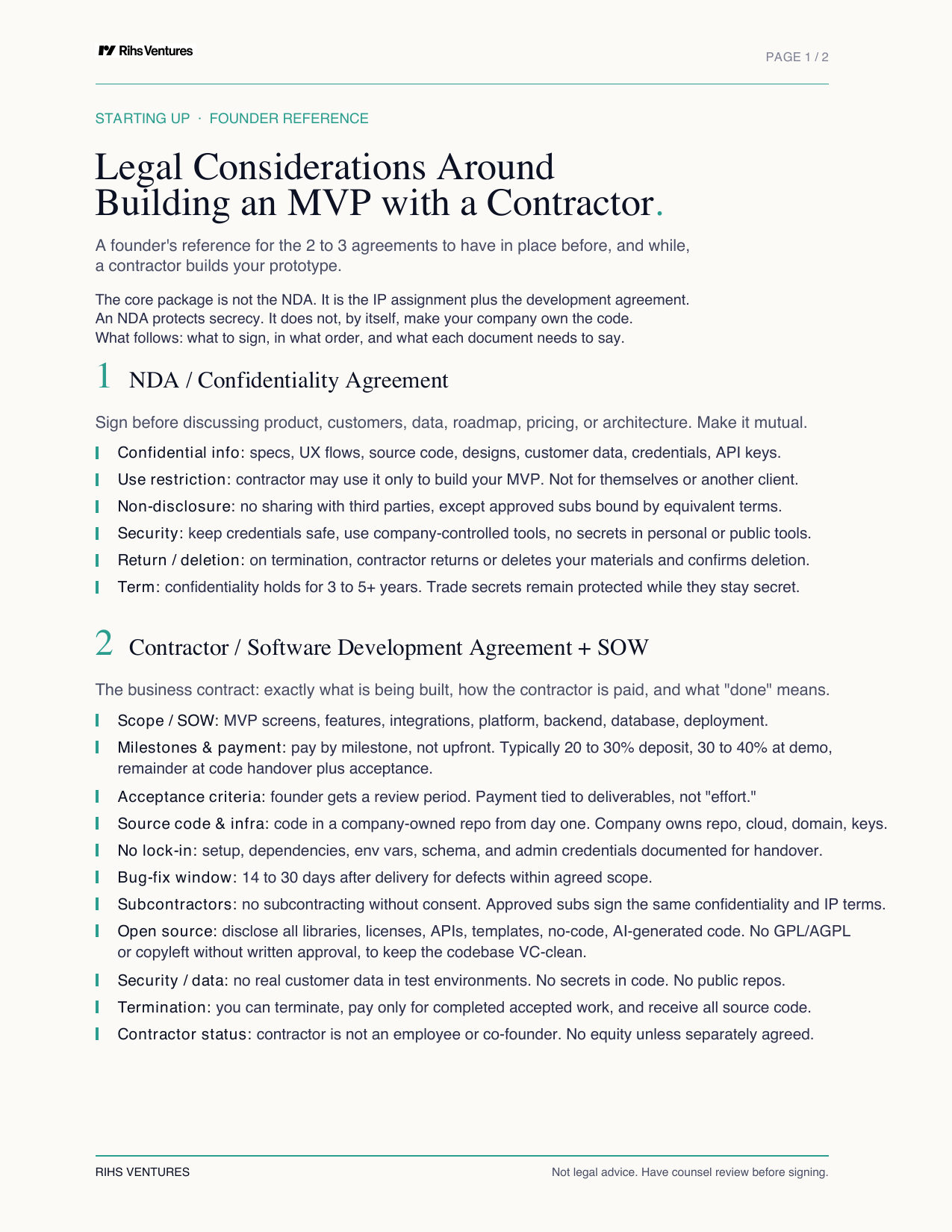 Preview of the Rihs Ventures founder legal reference
