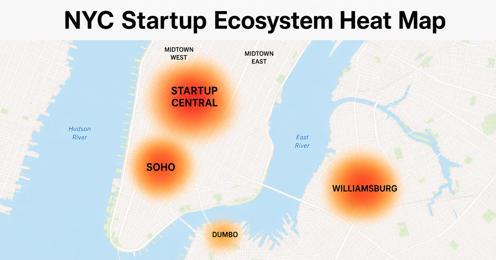 NYC Startup Ecosystem Heat Map showing Startup Central, SoHo, Williamsburg, and DUMBO